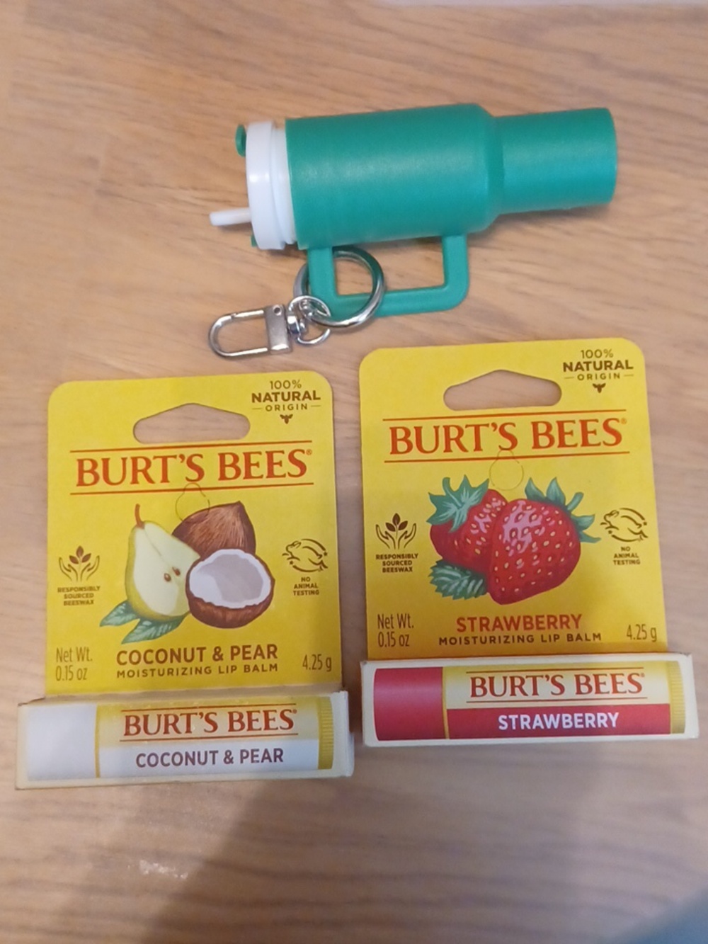 Burt's Bees 2 Lip Balms And A Green Holder Keychain